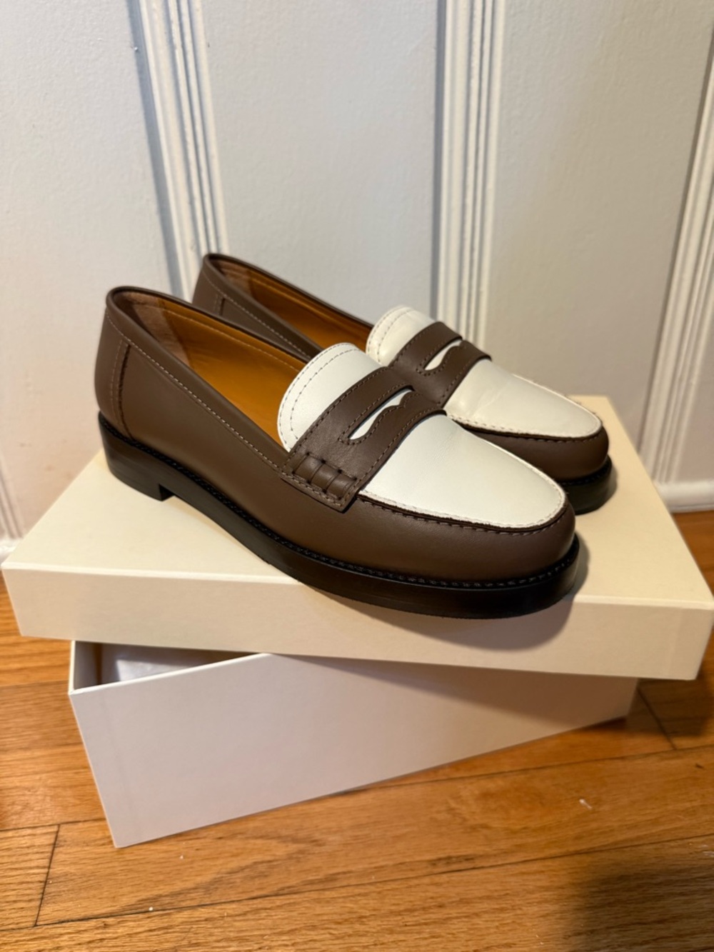 Sezane Brown and White Leather Penny Loafers